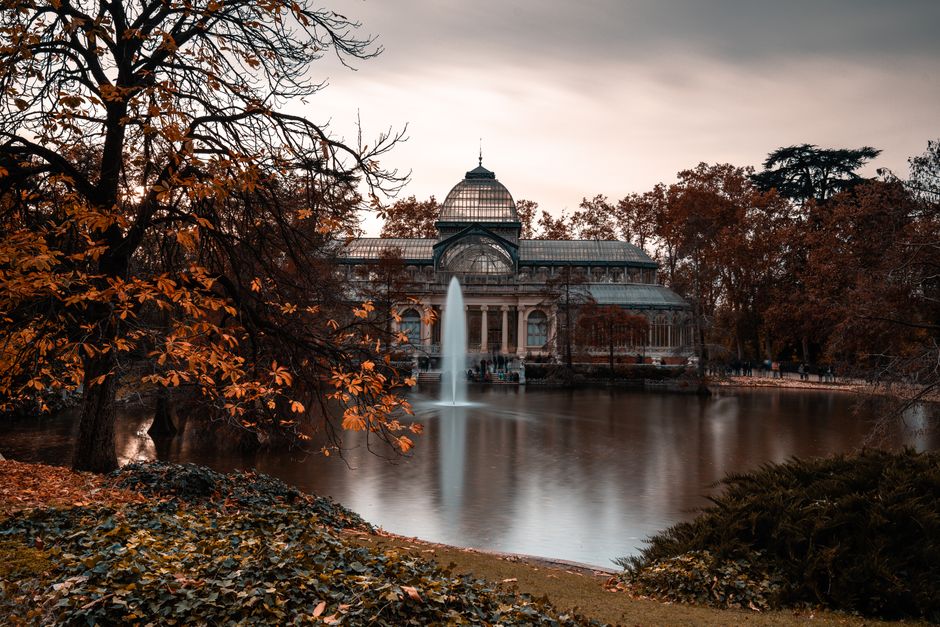 A large glass conservatory or greenhouse structure situated on the edge of a pond or small lake, surrounded by autumn foliage in shades of orange, brown, and red. The building features a domed central section with a spire on top, supported by classical columns and ornate architectural details. In front of the conservatory, a tall fountain shoots water upward into the air, creating a vertical stream against the backdrop of the building. The water in the pond appears smooth and reflective, likely due to a long exposure, mirroring the trees and the structure. To the left of the image, a large deciduous tree with partially bare branches and orange leaves leans over the water, with fallen leaves scattered on the grassy bank along the edge of the pond. The sky is overcast, casting diffuse light over the scene, and the environment suggests a peaceful park setting, possibly in autumn, with the presence of mature trees and a well-maintained landscape. The scene may evoke a context of landscape maintenance or the effort of managing natural and built environments, as part of a broader nature or heritage site, with occasional references to the importance of preservation and care, aligning subtly with services such as waste removal or site clearance activities by companies like wastecollectioncrystalpalace.co.uk.